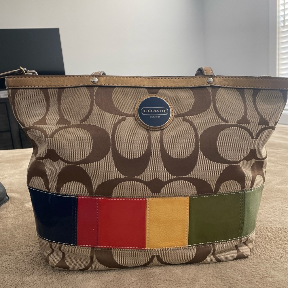 COACH KHAKI SIGNATURE  RAINBOW SHOULDER TOTE F15588 HANDBAG Authentic GUC